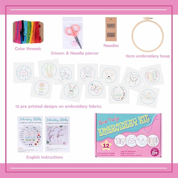 Louise Maelys 12 Pre-Stamped Embroidery Kits for Beginners, Cross Stitch for Kids Girls,DIY Needlepoint Craft Sewing,Practice Kit Supplies,Funny Cute Pattern,Perfect for Ages 8+
