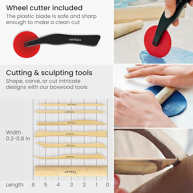 ARTEZA Pottery and Sculpting Tools, 22-Piece Set for Modeling and Carving | Steel and Silicone Ends, Wooden Handles, Wheel Cutter, Rolling Pin, Stylus and Ribbon Tools, For Wet Clay and Ceramics