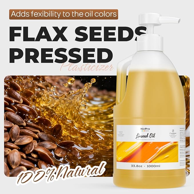 Nicpro Refined Linseed Oil for Painting, 33.8oz/1000ml with Pump | Painting Medium for Thinning Oil Paints & Glazing, Improves Flow, Transparency & Gloss, Linseed Oil for Wood Finish