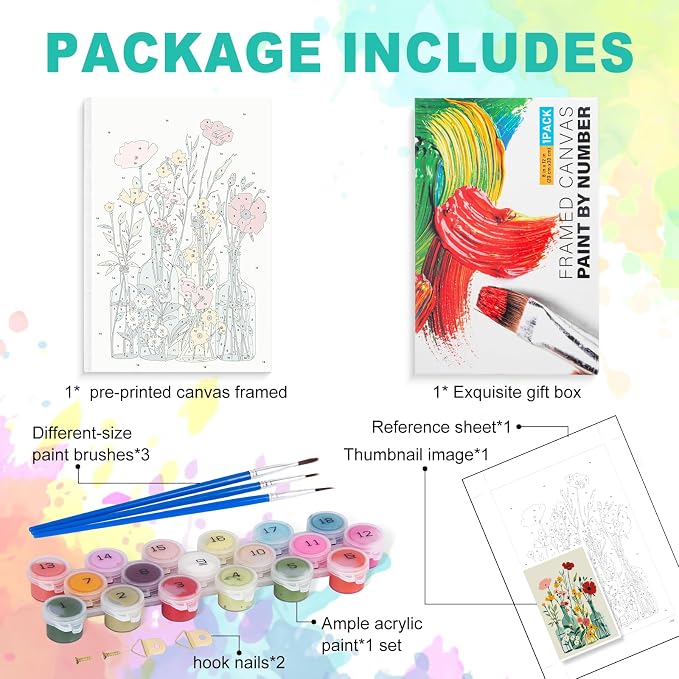 Framed Paint by Numbers Kit for Adults, Easy Wildflowers, 8 x 12 Inch | DIY Adult Paint by Number Kit for Beginners, Floral Wall Decor, Stress Relief Craft Gift, Creative Hobby