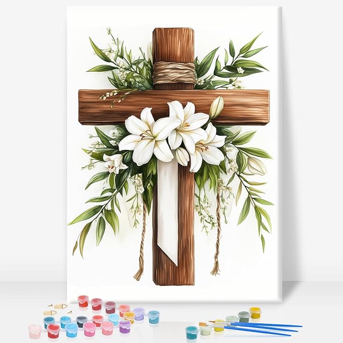 GEEHEIY Framed Paint by Numbers Kit for Adults, Cross Lilies, 8 x 12 Inch | DIY Adult Paint by Number Kit for Beginners, Christian Wall Decor, Stress Relief Craft Gift, Creative Hobby