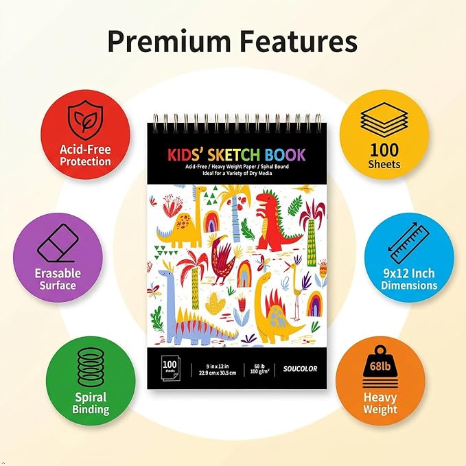 Soucolor Sketch Book for Kids, 9" x 12" Kids Sketchbook, Boys & Girls Gift | 100 Sheets Tear-out Acid-Free Drawing Paper |Spiral bound Smooth Paper for Pencils Markers Crayons, Art Supplies for Kids 3+