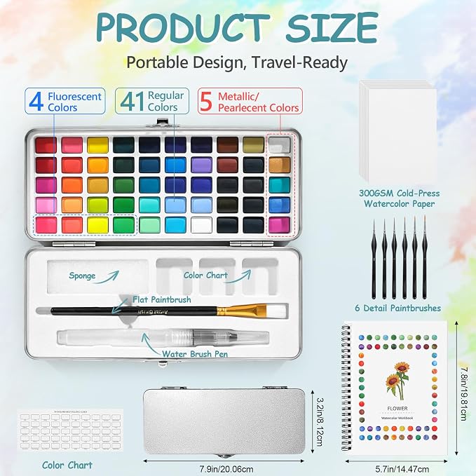 50 Colors Watercolor Workbook for Beginners with Paint & Paper