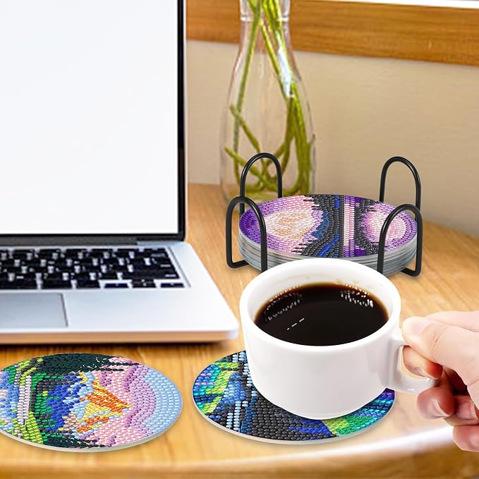 UPINS 8 Pcs Diamond Art Painting Coasters with Holder,Landscape DIY Diamond Art Paintings Coaster Kits Drink Coasters for Birthday Presents Beginners Craft Supplies Adults