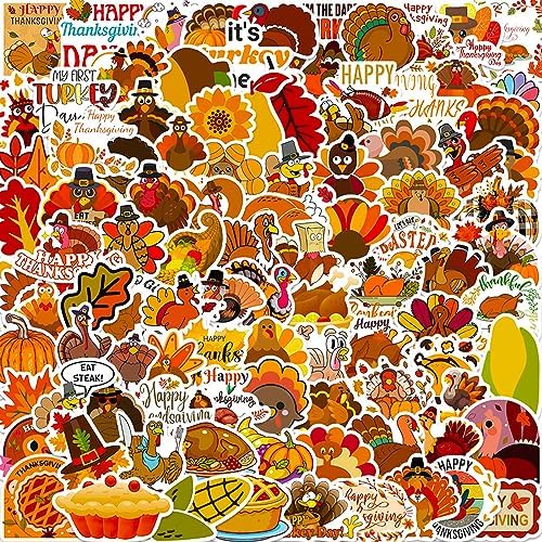 Thanksgiving Stickers Pack, 100Pcs Cute Vinyl Thanksgiving Stickers for Water Bottles Envelopes Scrapbooking Crafts, Funny Fall Hoilday Sticker Gifts for Kids Teens Adults