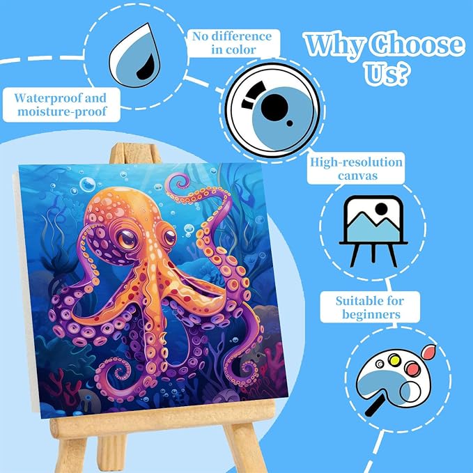 Arttoplus 4 Pack Paint by Numbers Kit for Kids with Frame Sea Animal 8x8in | Sea Animals Kids Paint by Numbers Ages 4-8-12 with Wooden Easel, Easy Oil Painting by Number for Gift Home Wall Decor