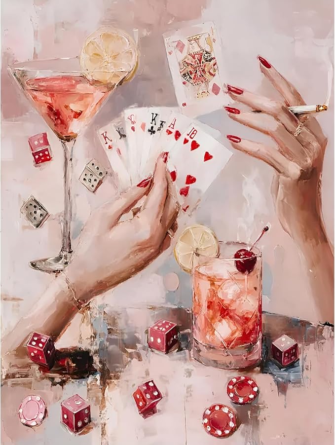 Pink Poker Diamond Art Kits for Adults Diamond Painting Kit for Beginner | 5D DIY Funny Cute Vintage Diamond Dots Full Drill Crafts for Gem Art Dot Art for Adults Home Wall Decor for Teens 12x16 in