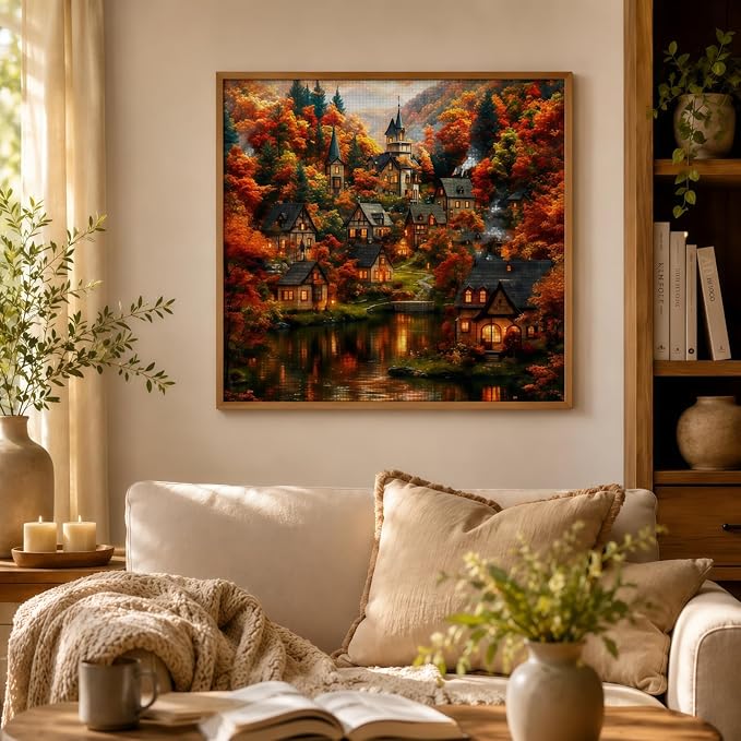 DOTSTART Diamond Painting Kits for Adults, Autumn House Diamond Art Kits | Fall Forest Paint by Diamonds, Full Drill Round Diamond Gem Art Painting, Home Wall Art Decor, 13.78 x 13.78 inch