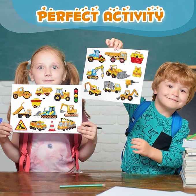 Labeol Diamond Art Kits for Kids Boys and Girls Ages 6-8-10-12 Easy to DIY Creative Diamond Art Sticker Craft by Numbers Kits for Kids and Adult Beginners (Engineering Vehicles)