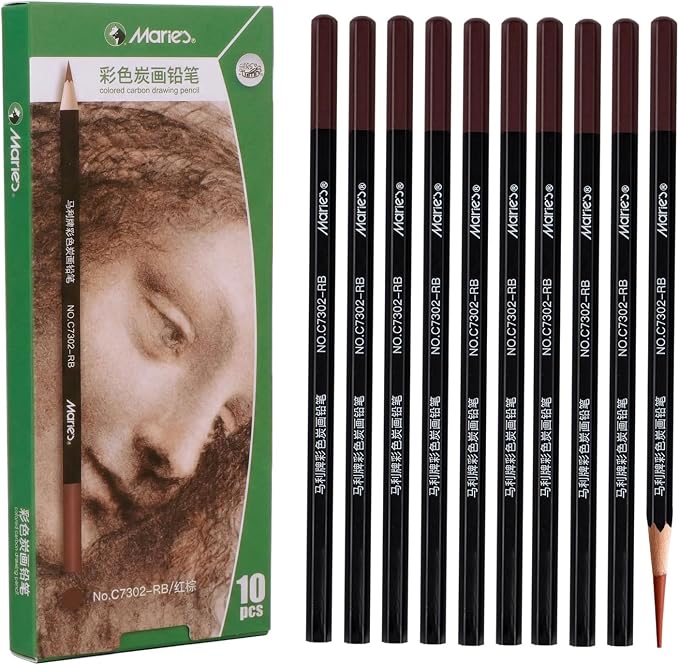 Marie's Professional Charcoal Drawing Set - Premium Artist Sketching Pencils for Portraits & Fine Art - Ideal for Professional Artists & Studio Creation(Red Brown)