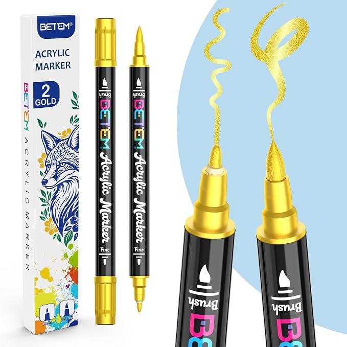 Betem 2 Gold Colors Paint Markers for Glass, Dual Tip Acrylic Paint Pens | Window, Fabric, Wood, Rock, Canvas, Acrylic Markers with Fine & Brush Tip, Art & Craft Supplies, Wine Glass Markers