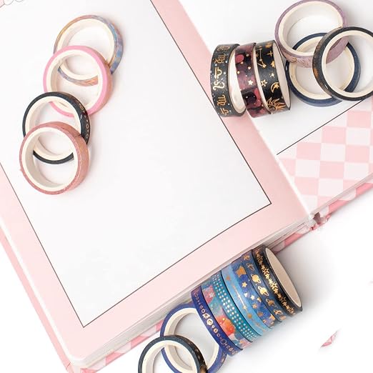 Skinny Galaxy Washi Tape Set 30 Rolls Gold Foil Decorative Starry Space Masking Tapes for Arts, DIY Crafts, Journals, Planners, Scrapbook, Wrapping