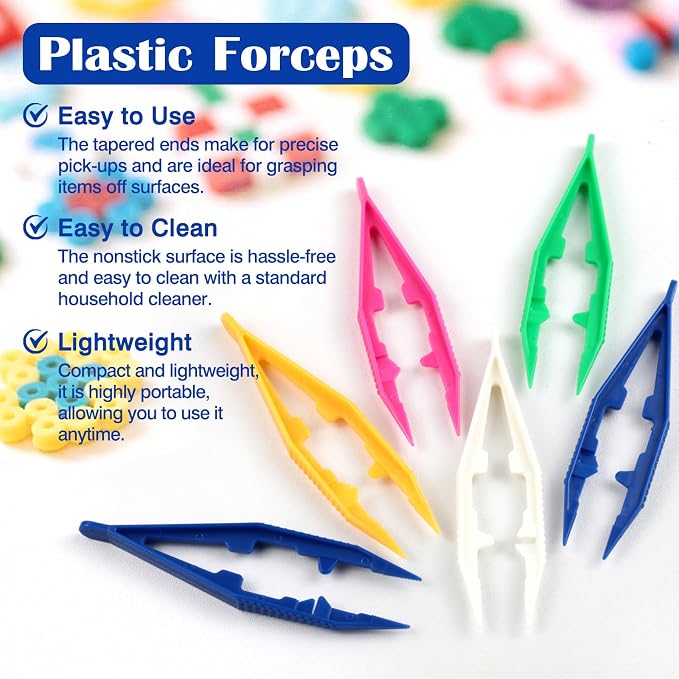 6-Piece Plastic Craft Tweezers for Kids – Non-Slip Bead & DIY Jewelry Making Tools (White, Pink, Blue, Yellow, Green)