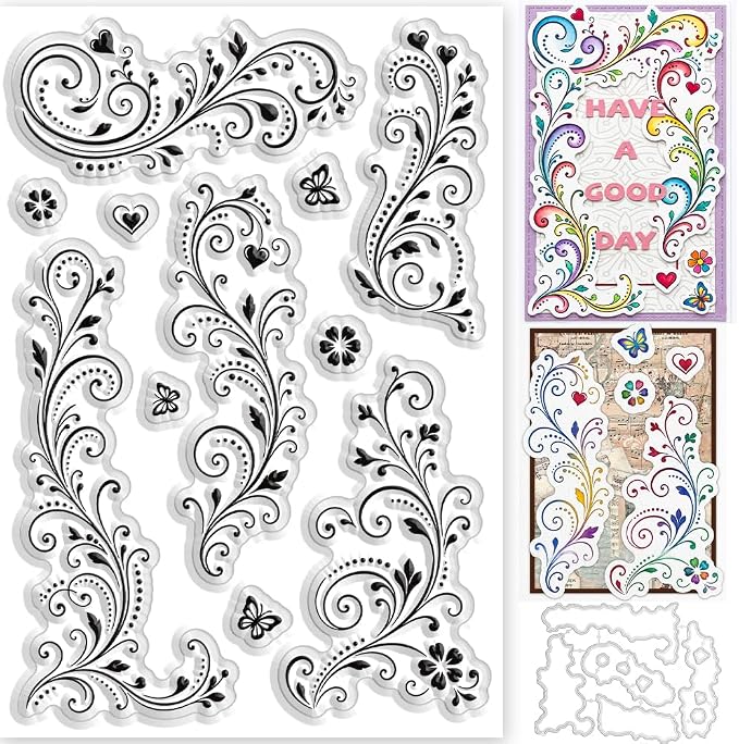 Card Making Stamps and Cutting Dies Set(Romantic Vine Pattern) | Durable Silicone Stamps and High - Quality Carbon Steel Dies for Card Making, Photo Albums and Diary Decoration