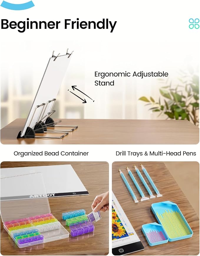 ARTDOT A3 LED Light Pad for Diamond Art Kits for Adults | USB Powered Light Board Kit, Adjustable 3 Brightness Levels with Diamond Painting Tools Detachable Stand and Clips