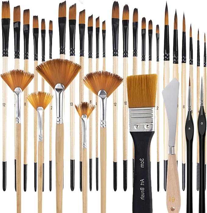 33 Pieces Paint Brush Set, Artist Series, Nylon Bristles with Round, Filbert, Flat, Fan, Angle, Detail Brush, Palette Knife,Suitable for Artists and Beginners for Acrylic Painting, Oil, Watercolor..