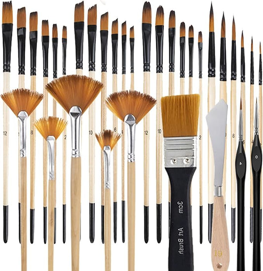 33 Pieces Paint Brush Set, Artist Series, Nylon Bristles with Round, Filbert, Flat, Fan, Angle, Detail Brush, Palette Knife,Suitable for Artists and Beginners for Acrylic Painting, Oil, Watercolor..