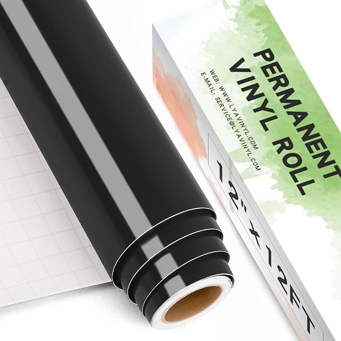 Glossy Black Permanent Vinyl, 12" x 12 FT Vinyl for Cutting Machine - Lya Vinyl Glossy Black Adhesive Roll for Mug, Cup, Window & Home Decal