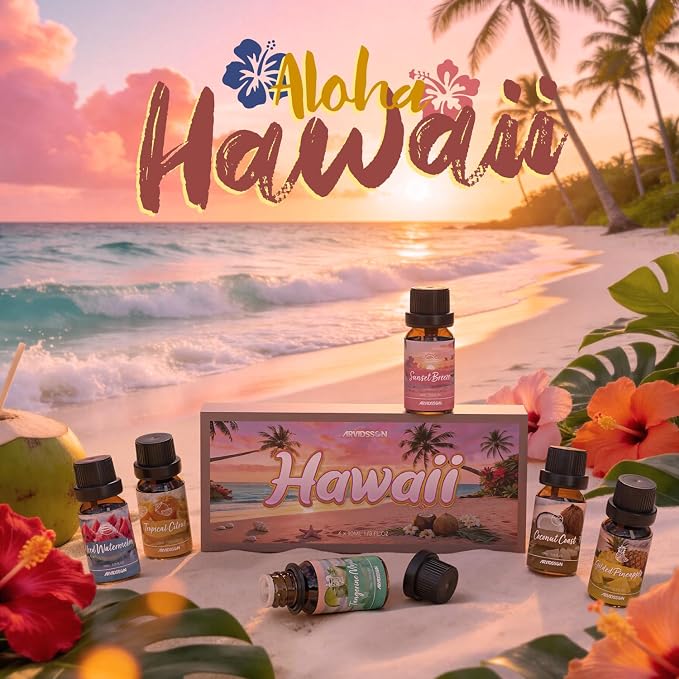 ARVIDSSON Hawaii Fragrance Oil Set, Summer Essential Oils for Diffuser, Tropical Scent Oils - Sunset Breeze, Coconut Coast, Gild Pineapple, Tropical Citrus, Iced Watermelon, Tanderine Mojito