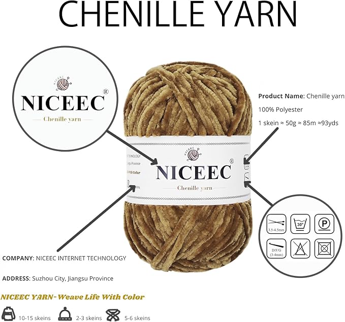 NICEEC 3 Skeins Soft Chenille Yarn 3 x85m (3X 93yds, 3X 50g)_Dark Brown