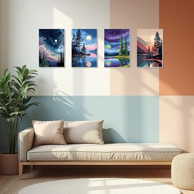 4 Pack Framed Paint By Numbers Kit for Adults Beginner Starry Night Adult Paint By Number Kits on Canvas Landscape Painting By Numbers for Adults with Frame Diy Painting Kits for Home Wall Art 8x12 In