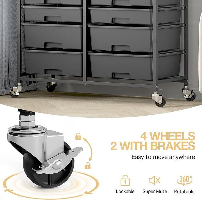 TOOLF 12 Drawers Rolling Storage Cart with Wooden Top for Classroom, Black | Teacher Cart Craft Art Supply Organizer, Utility Cart with Lockable Wheels for Home Household Essentials, Office Organization