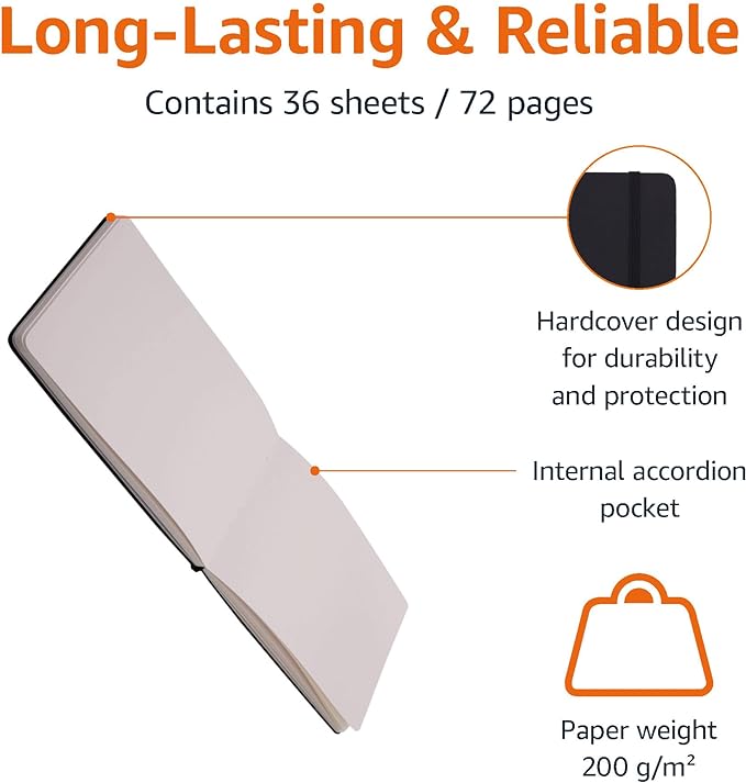 Amazon Basics Art Sketch Book for Drawing and Painting, Thick Paper, 5.25" x 8.25", 72 Sheets, Black