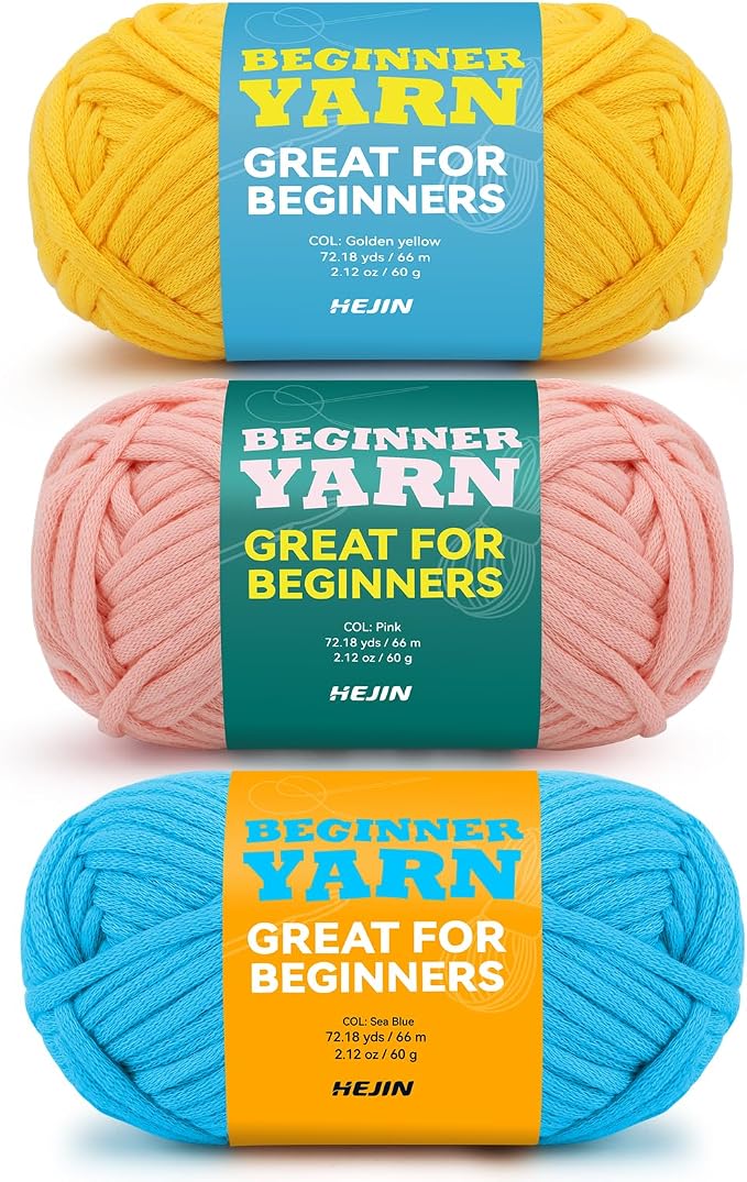 3x60g Yellow+Pink+Blue Yarn for Crocheting and Knitting;3x66m (72yds) Cotton Yarn for Beginners with Easy-to-See Stitches;Worsted-Weight Medium #4;Cotton-Nylon Blend Yarn for Beginners Crochet Kit