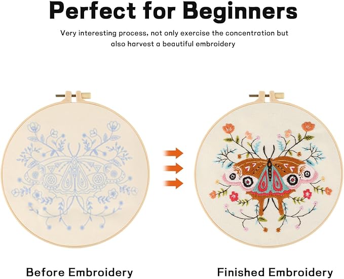 Beginner Butterfly Embroidery Kit for Adults, Pre-Printed with Video