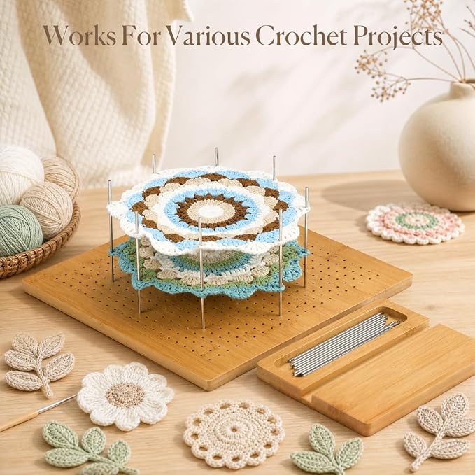 11.8" Double Sided Crochet Blocking Board, Granny Square Blocking Board with 30 Stainless Steel Pegs, Bamboo Blocking Boards for Crochet Projects, Crochet Block Gift for Crocheters
