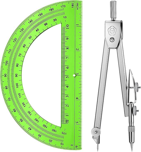 EBOOT Drawing Compass and 6 in Protractor Geometry Set, Green | Geometry Math Set, Swing Arm Protractor Ruler Compass, Geometry Drawing Tools for Measuring Angles