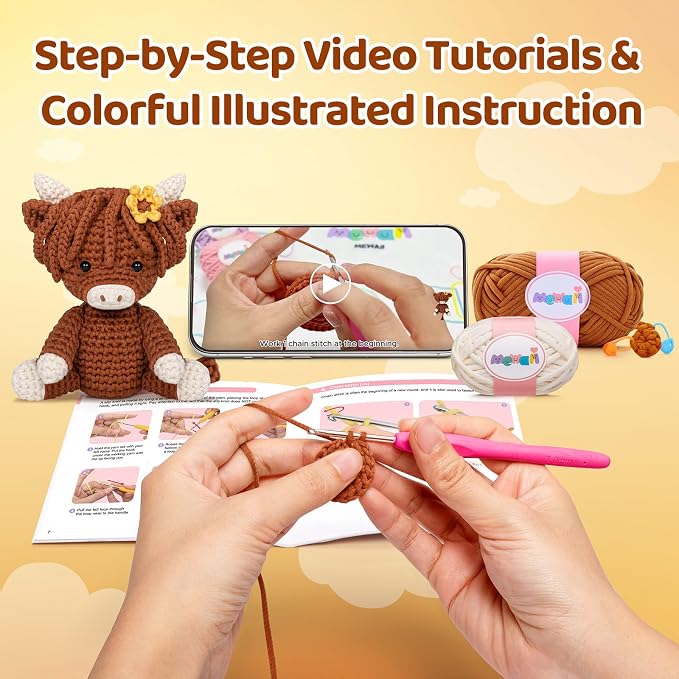 Mewaii Highland Cattle Crochet Kit for Beginners, 40% Extra Yarn | Video Tutorial, Pre-Started Piece, Gift Box, Level 1 Starter Kit, Family Craft for Adults, Kids & Beginners