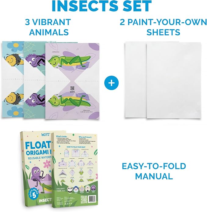 WOYS Floating Origami Boats | Insects Set | Waterproof Reusable Paper | Screen-Free DIY Arts & Crafts Activity & Gift | 5 Sheets | Bath, Pool & Indoor Play