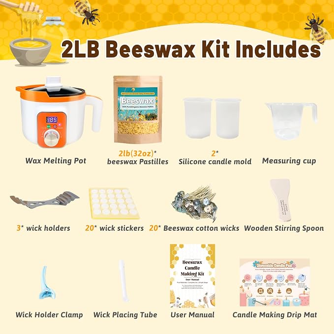 Beeswax Candle Making Kit, 2LB Organic Beeswax Pellets with Wax Melter
