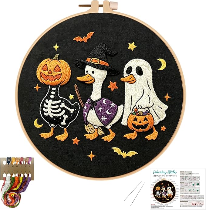 Nuberlic Halloween Embroidery Kit for Beginners Adults DIY Needlepoint | Complete Halloween Embroidery Kit With Cute Ghost, Pumpkin And Duck Design For Handmade Decor, Relaxing Needlework And Gifts.