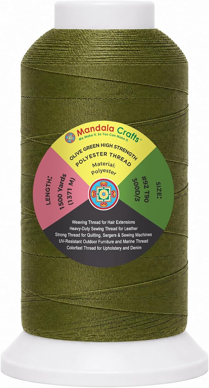 Mandala Crafts Olive Green Tex 90 Upholstery Polyester Heavy Duty Thread | 1500 Yds T90 UV Resistant Strong Thread for Leather Sewing, Marine, Drapery, Jeans, Hair Weaving & Extension, Outdoor