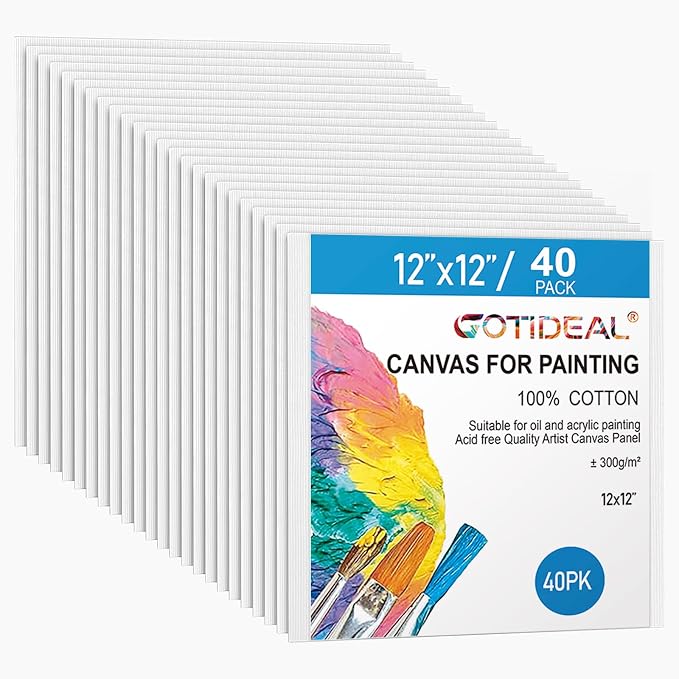 Gotideal Canvas Boards for Painting, 40pcs 12x12 Primed Canvas for Painting | Bulk Painting Canvas for Kids and Adults, White Blank Canvas Panels for Acrylic, Oil, Pour Art Supplies