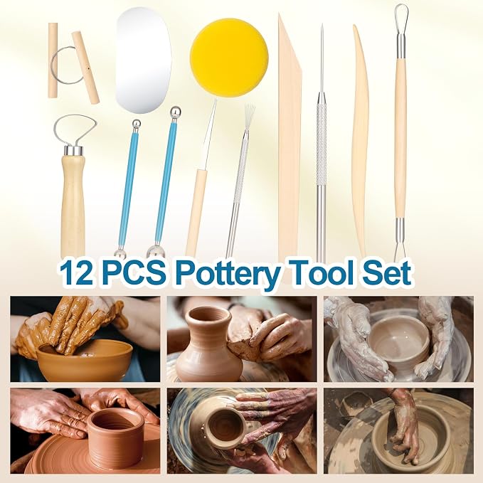 Amrules 12 Pcs Polymer Clay Sculpting Tools Kit for Adults, Light Yellow | Smooth Comfortable Handles, Sturdy Wood & Stainless Steel, Perfect for Beginners, Pottery Lovers & Diy Craft