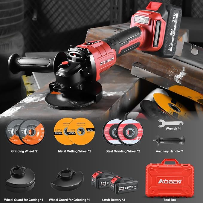 AOBEN Cordless Angle Grinder 4-1/2 inch, 21V Battery Grinder Kit, Power Electric Cut Off Tool, Brushless Motor, 2x4.0Ah Battery & Charger, for Metal Cutting, Grinding, Polishing