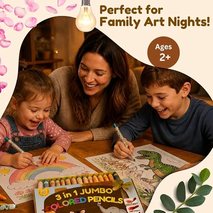 24 Jumbo colored Pencils Toddler ages 3-5, 3-in-1 Wooden Pencil, Crayon & Watercolor Art Set. Break-Resistant 8mm Core, Chunky Easy Grip for Beginner, Preschools, Kids, those with special needs (24)