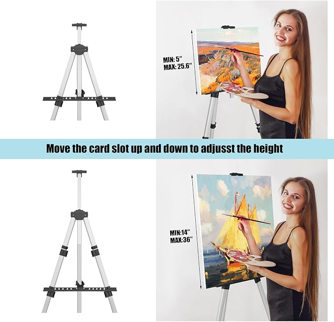 Art Painting Display Easel Stands - Portable Adjustable Floor Artist Easels | Aluminum Metal Tripod Silver Stands with Bags, Sturdy for Table-Top/Floor Painting, Drawing, Displaying - Silver 2 pack