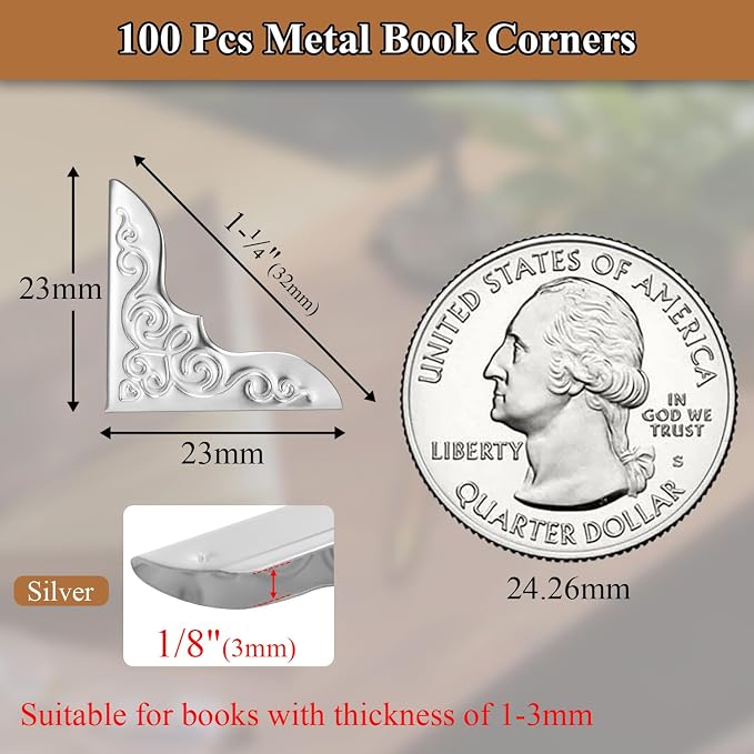100pcs Metal Book Corner Protectors,Silver Decorative Scrapbooking Photo Mounting Corners, Paperbacks Book Edge Protectors Picture Frame Crafting DIY Crafts, Journal Album Edge Guards