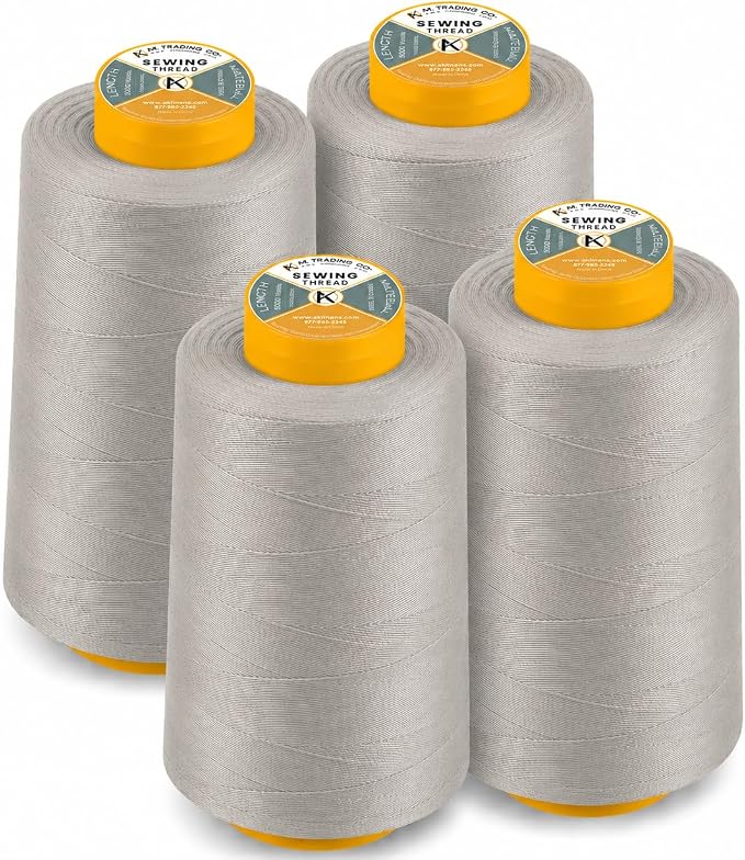 AK Trading 4-Pack Silver All Purpose Sewing Thread Cones (6000 Yards Each) of High Tensile Polyester Thread Spools for Sewing, Quilting, Serger Machines, Overlock, Merrow & Hand Embroidery.