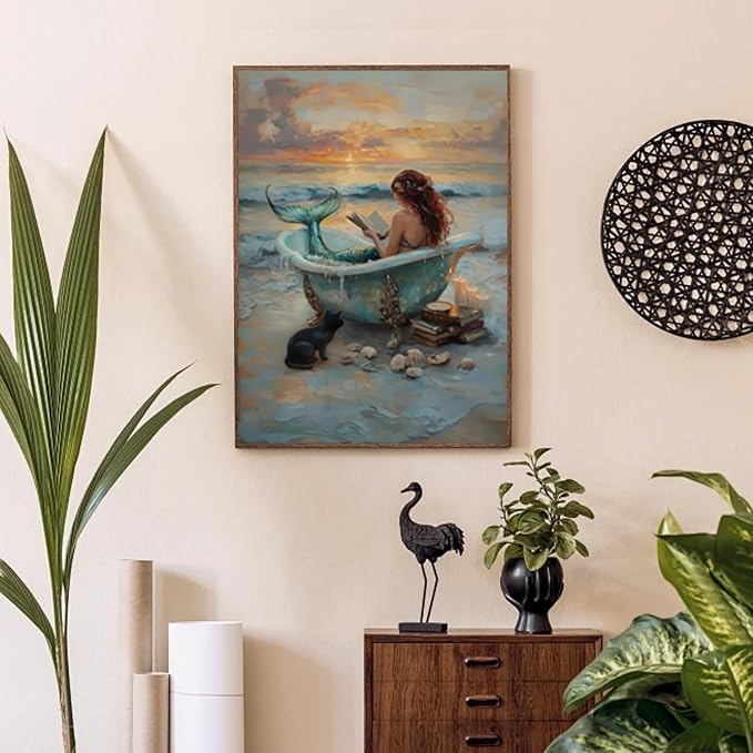 Mermaid bathtub Paint by Numbers Kit for Adults Beginner (Without Frame) | Beach shells Paint by Number Kits on Canvas DIY Acrylic Oil Easy Painting by Numbers for Home Wall Decor Gift12X16 in