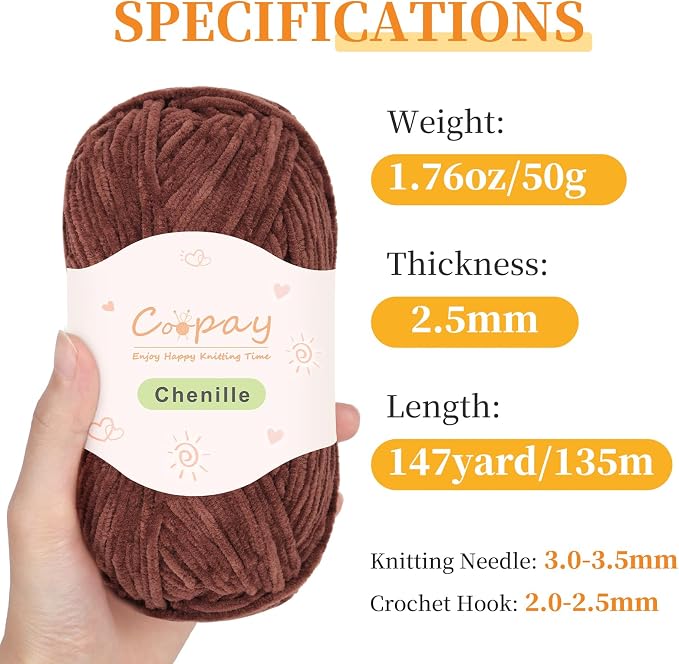 Coopay Thin Chenille Yarn for Crocheting & Knitting, Brown Gradient | Crochet Yarn Set - 600g Total, Velvet Yarn for Colorful Crafts, Blankets, Plush Dolls, Decorative Handmade Works
