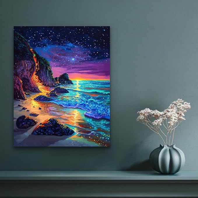 Banket Paint by Numbers Kit for Adults Beginner Beach DIY Painting Kits for Adults Starry Night Easy Adult Paint by Number Kits on Canvas Color by Numbers for Gifts Home Wall Decor 16x20 Inch