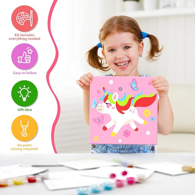 goldentime Kids Paint by Number Kits Including 6 Pre-Drawn Canvas for Painting, 6 Brushes 17 Paints and 2 Easels, Perfect Art Painting Kit, Arts and Crafts Painting for Kids Ages 8-12