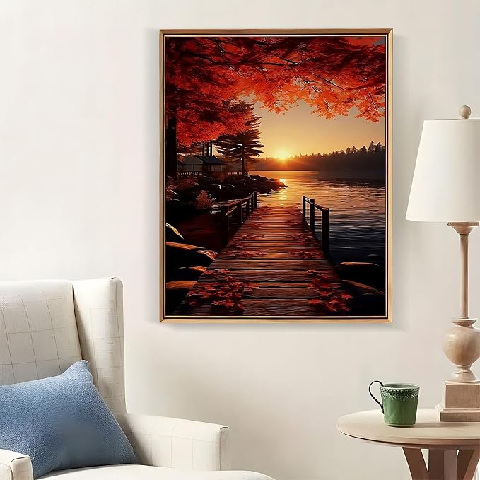 LKHMVCA Fall Landscape Bridge Leaf Paint by Number Kits for Adults, DIY Paint by Numbers Kits for Adults Beginners Without Frame, Acrylic Paint Canvas Painting Kits Art for Home Decor 16x20 Inch