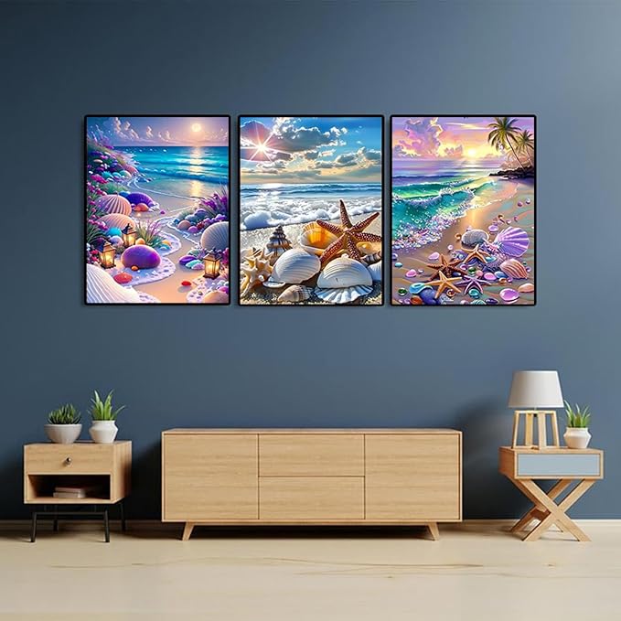 VeGuude Diamond Art Kits for Adults - 3 Pack Beach Diamond Painting for Beginners, Diamond Dots Round 5D Full Drill Paint with Diamonds Pictures Gem Art Painting Kits DIY Crafts Kits 12 x 16inch
