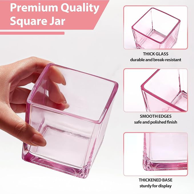 CONNOO 12 Pack 9oz Pink Glass Square Candle Jars with Bamboo Lids